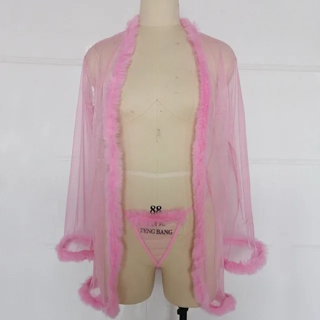 Women Sexy Lingerie Mesh Sheer See Through Sleepwear Robe 3pcs Fur Erotical Set Costume Night Gown Erotic With Briefs Belt