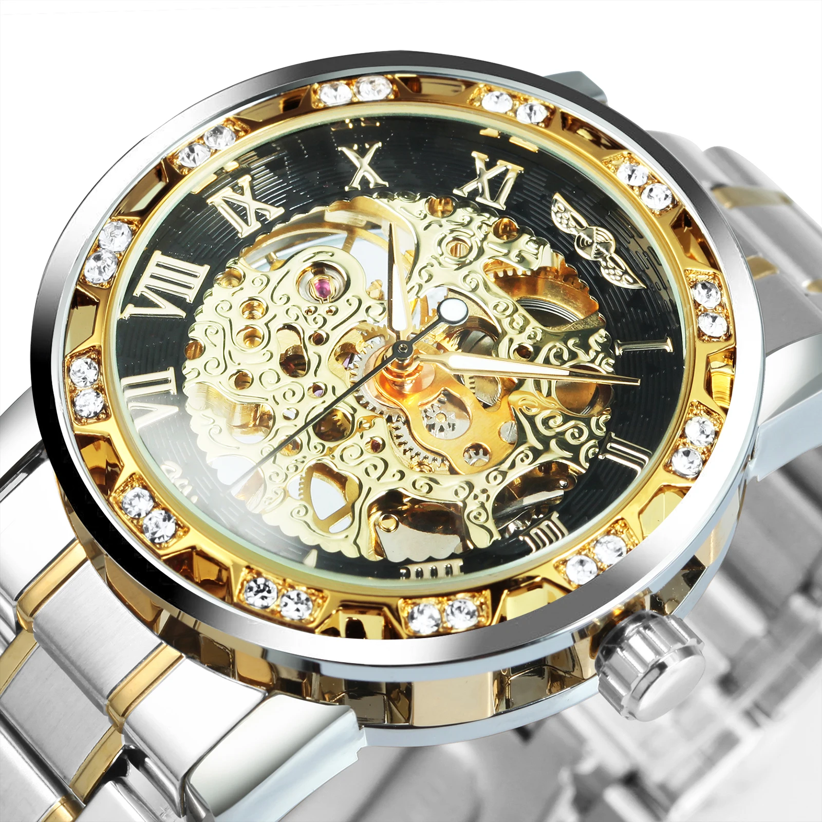 Mechanical Watch WINNER Transparent Skeleton Watch for Men Mechanical Wristwatches Diamond Watches Mens Luxury Stainless Steel Strap Unisex Clock