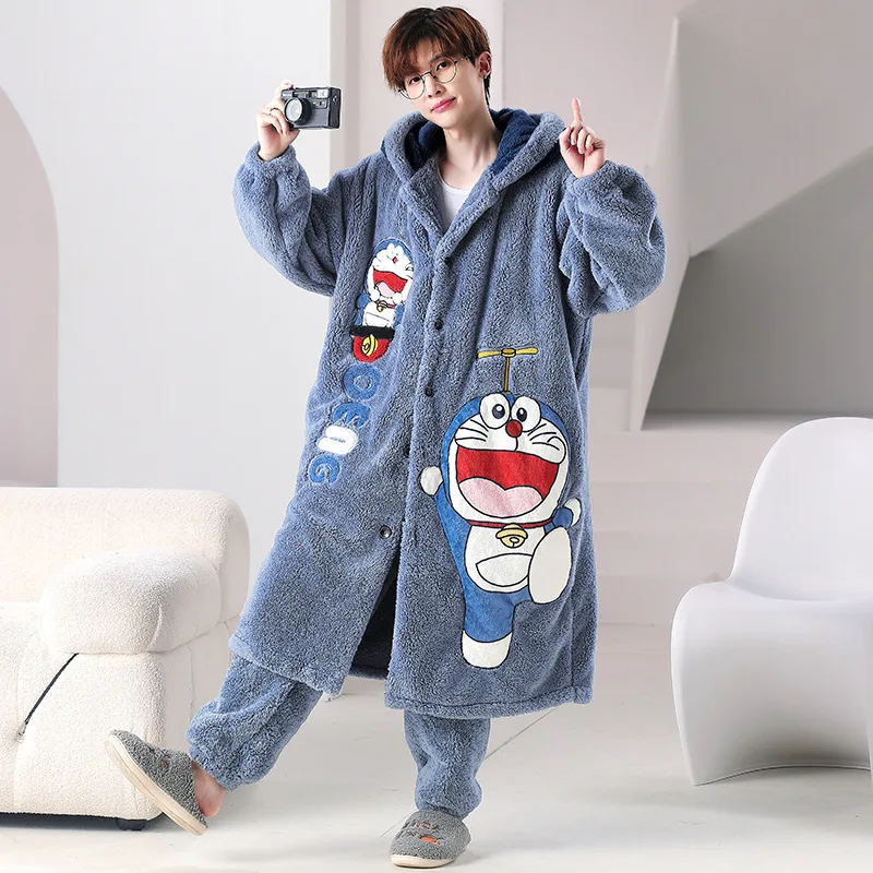 Winter Men's Hooded Coral Velvet Cartoon Pajamas Set Cute Flannel Thickened Plush Cardigan Night-robe Warm Home Clothing