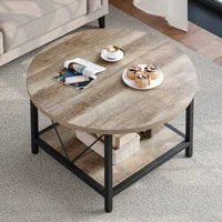 Round Coffee Table with Storage, Rustic Living Room Tables with Sturdy Metal Legs, OAK 1