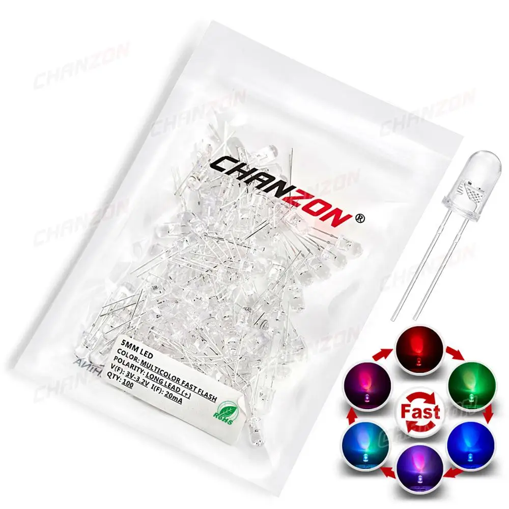 100 Pcs 5mm Led 다이오드 깜박이는 흰색 빨간색 녹색 파란색 노란색 Rgb 빠른 느린 플래시 확산 투명 색상 변경 발광 램프