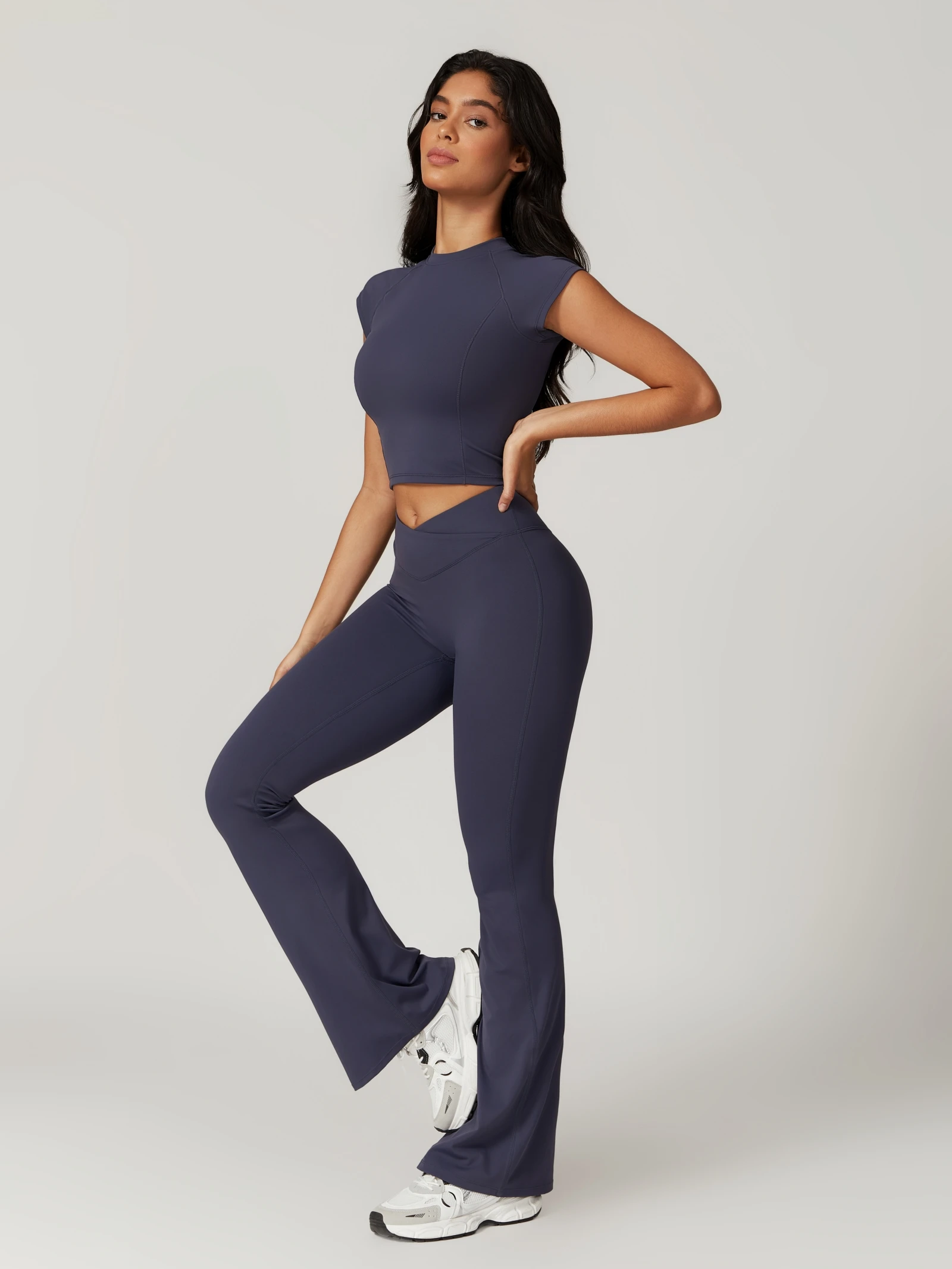 Description Picture 2 of item1/2/3Pcs Workout Sets Womens 2024 Gym Sportswear Short Sleeve Sports Bra High Waist Flare Leggings Yoga Pants Workout Clothes