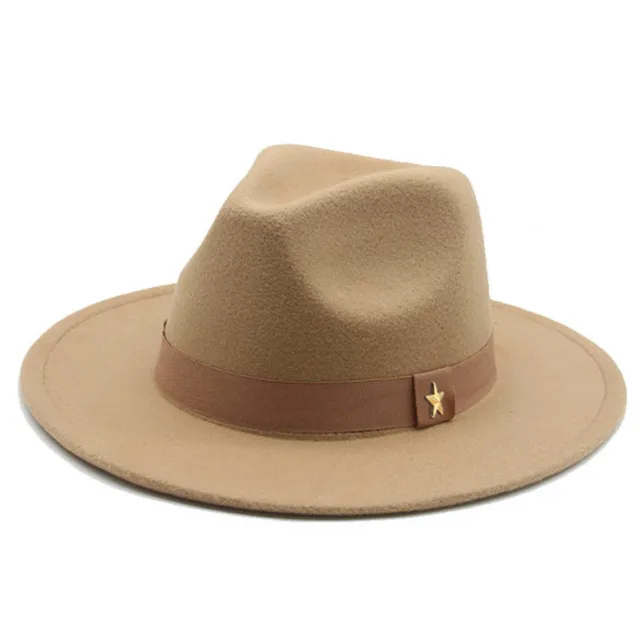 Fedora Hat Women Winter Hats for Women Ribbon Band Men's Hat Wide Brim Classic Beige Wedding Church Bowler New Cap chapeau femme Camel with star