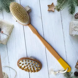 Detachable Long-handled Wooden Bathbrush with Boar Bristle Brush Body Dry Massager Loofah Back Scrub Towel Set Yellow Bath Brush