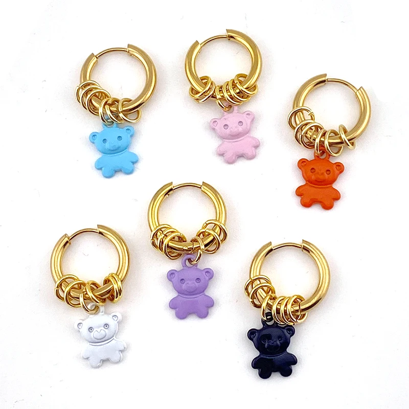 Серьги-кольца женские из нержавеющей стали, милые красочные украшения с маленьким медведем, простые ювелирные украшения с подвесками в виде животных, несколько колец, 1 шт.