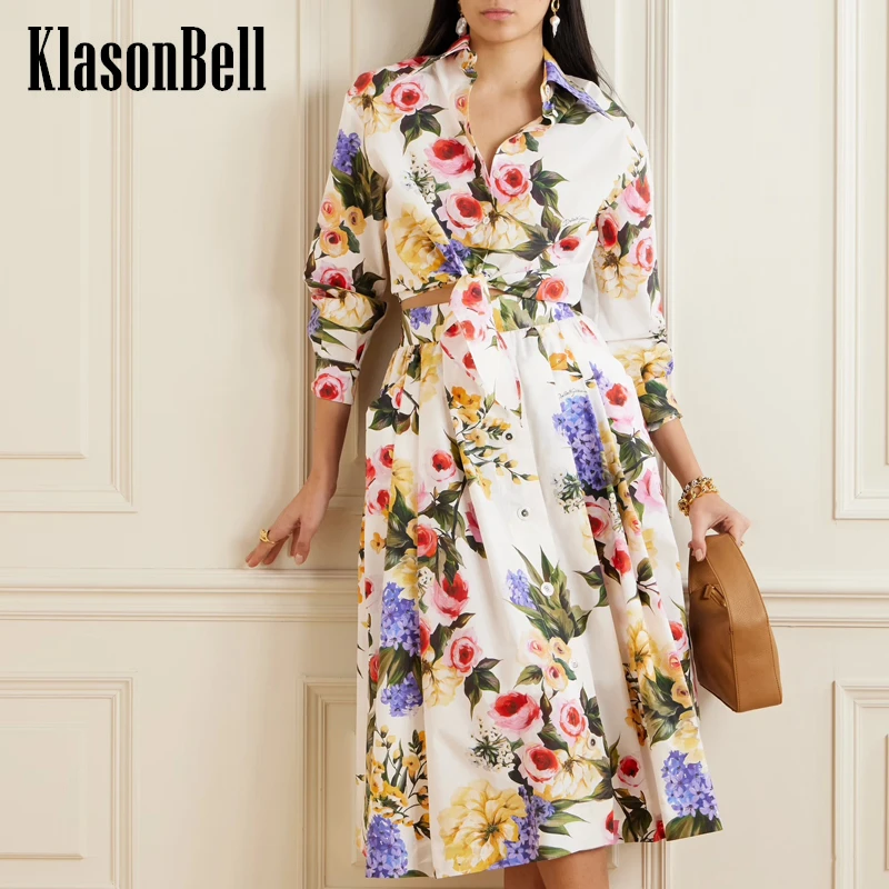 

5.9 KlasonBell Fashion Bandage Knot Lapel Floral Print Shirt Or Elastic Waist Pocket Skirt Cotton Comfortable Breathable Set