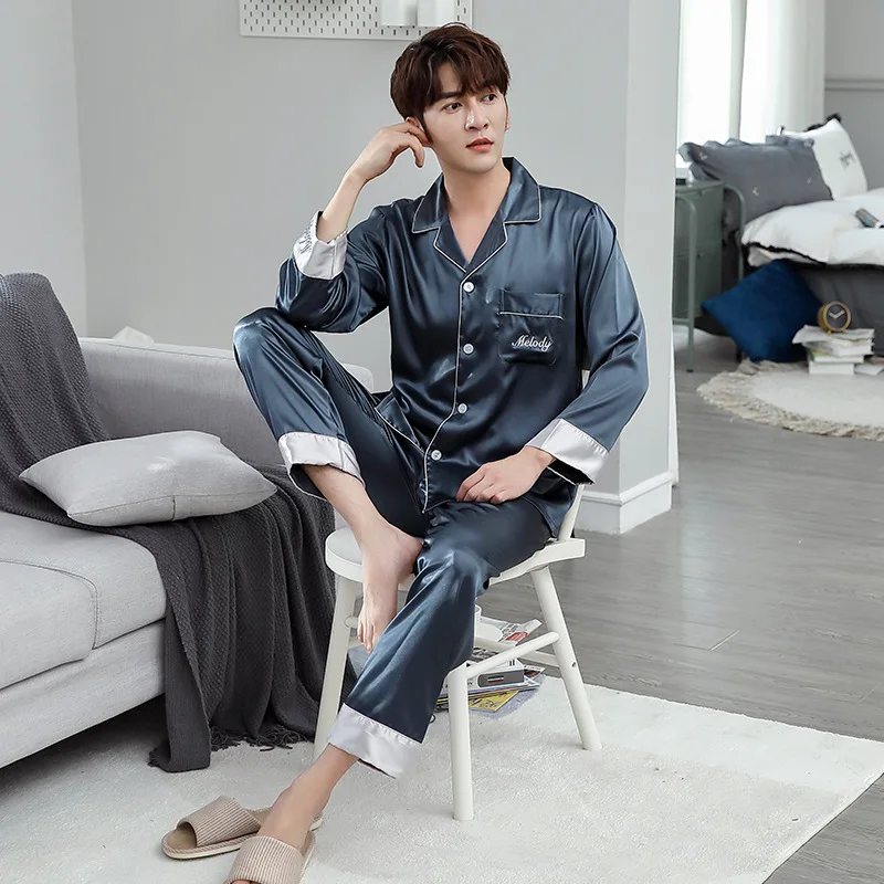 

Men's Lapel Pajama Summer Long-sleeved Pyjamas High Quality Stain Sleepwear Home Clothes Night Wear