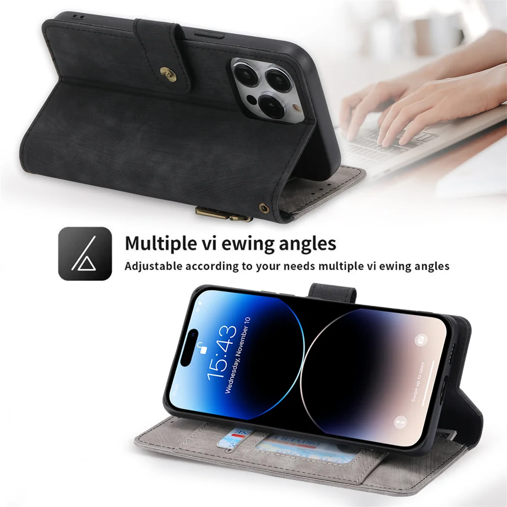 Zipper Leather Wallet Flip Case with RFID Protection