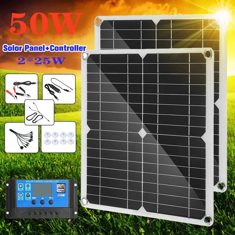 

50W Solar Panel Kit Monocrystalline Solar Controller High Efficiency Travel & Phone Boat Portable 18V Battery Charger