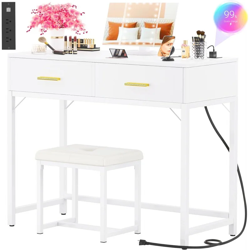 

Cyclysio Vanity Desk with Charging Station, White Makeup Vanity with Lighted Mirror, Tri-Fold, Small Vanity Set with Drawers and