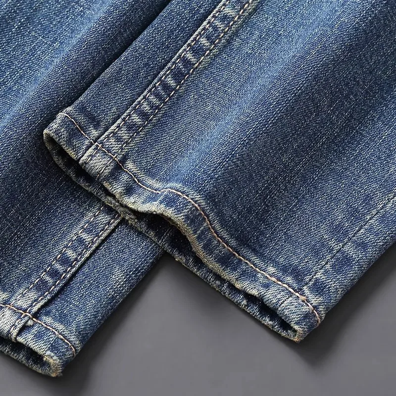 Newly Designer Fashion Men Jeans High Quality Retro Blue Elastic Slim Fit Ripped Jeans Men Embroidery Vintage Denim Pants Hombre