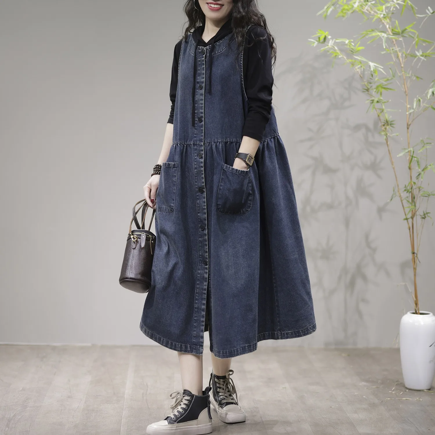 

SuperAen 2023 Autumn New Korean Style O-neck Loose Waist A-line Dress Denim Patchwork Sleeveless Washed Women's Long Dresses