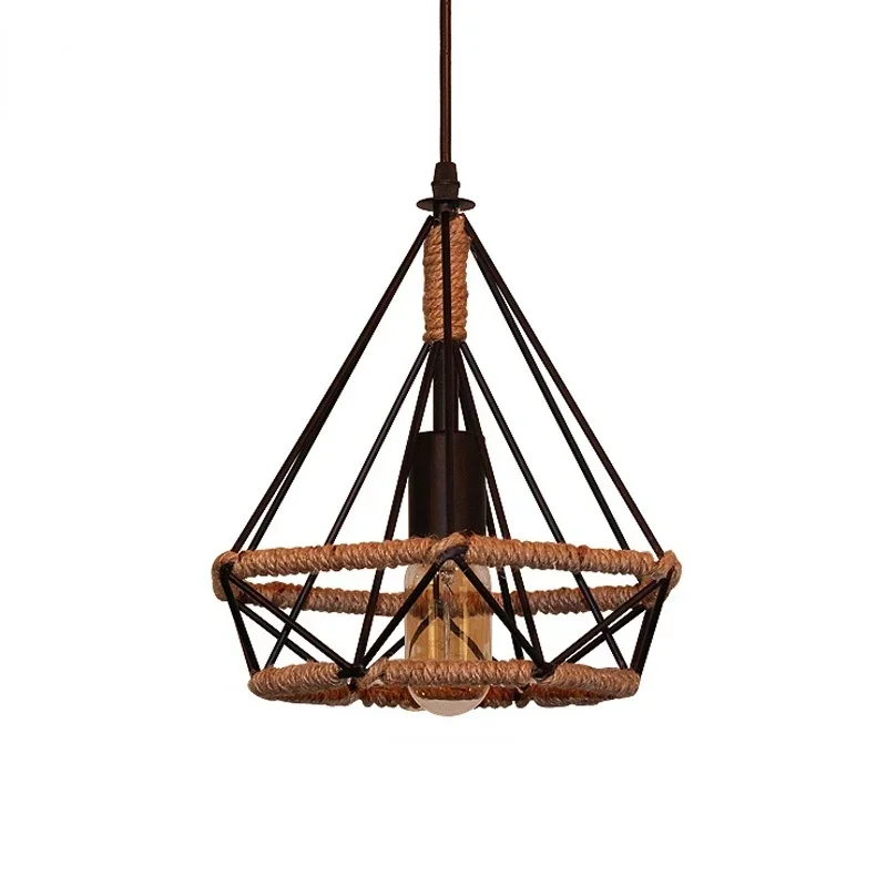 

Retro Industrial Chandelier Russian Attic Cage Diamond-shaped Hemp Rope Dining Room Living Kitchen Bedroom Black Rope Lamp