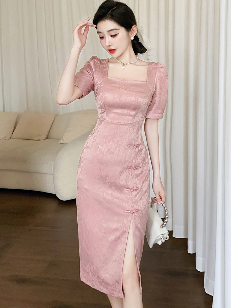 2025 Pink Jacquard Satin Luxury Long Dress Women Elegant