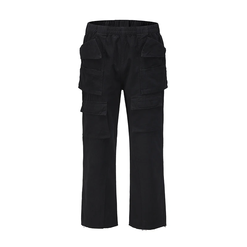 Harajuku Multi-pockets Straight Flare Pants Mens High Street Elastic Waist Solid Loose Casual Cargo Pants Hip Hop Baggy Trousers men casual pants