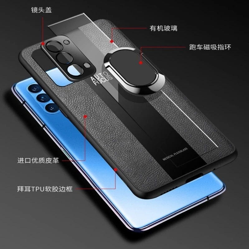 Luxurious Leather Magnetic Ring Phone Case with Silicone Shockproof Bumper