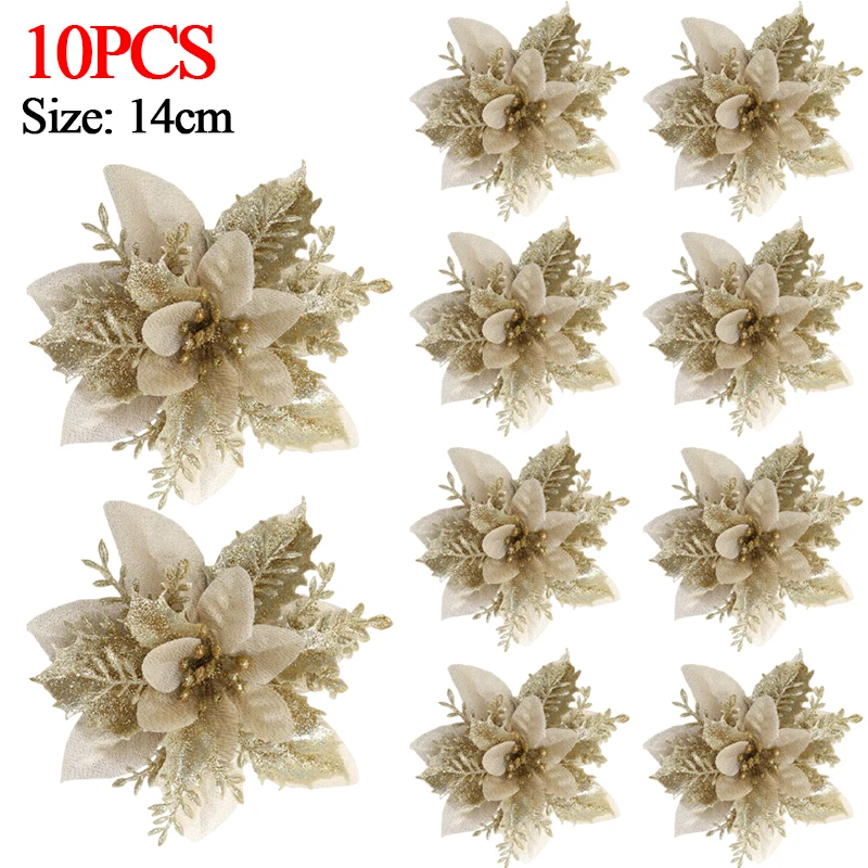 24 Pièces Fleurs De Poinsettia Scintillantes Noël 3 Tailles - Décoration Sapin Rouge Or - Faux Fleurs Mariage