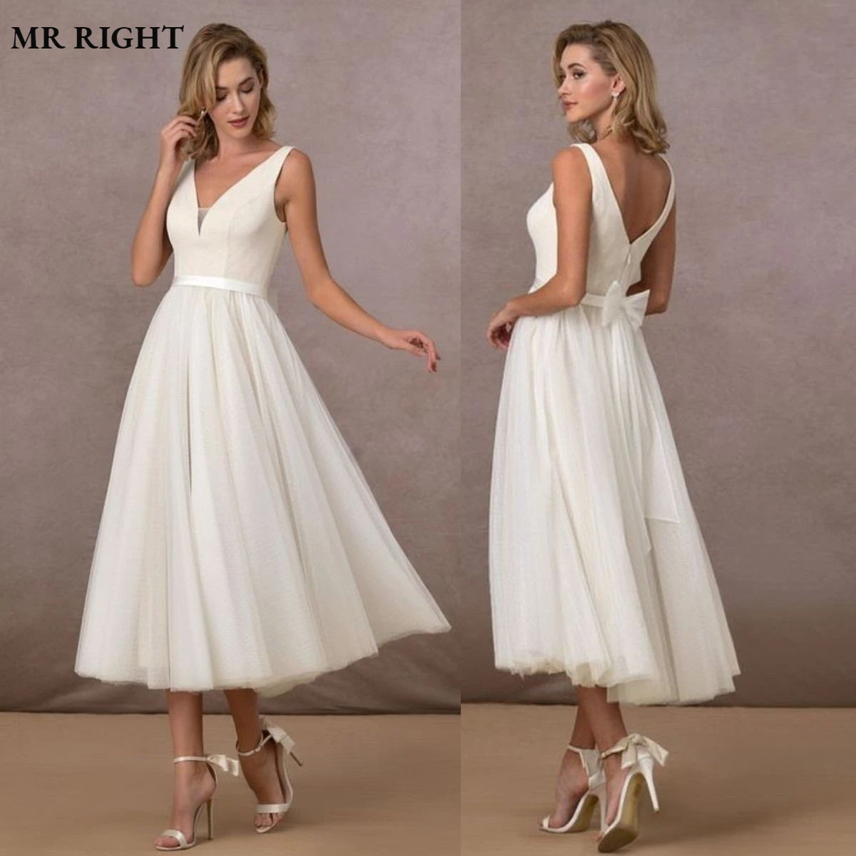 VNeckShortWeddingDressesElegantALineSatinCivilBridalGown