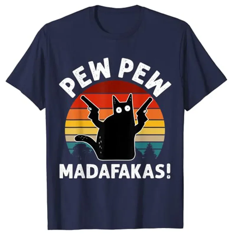Фото Винтажный Ретро Черный кот Pew Madafakas! Футболка с рисунком в эстетическом стиле, с коротким рукавом №3