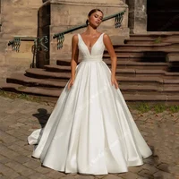 Elegant Deep-V Neck Sleevelss Women Wedding Dresses Sexy Tulle A-Line Bridal Gowns Ball Mopping Length Vestidos De Novias 2024 1