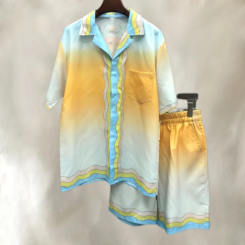 

Костюм спортивный мужской короткий с принтом, рубашка и шорты, уличная одежда, повседневный пляжный костюм свободного покроя, контрастный цвет, с коротким рукавом, на лето