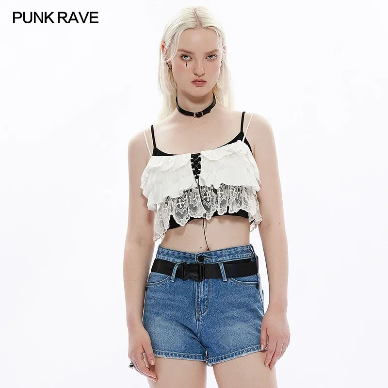 

PUNK RAVE Women's Gothic Daily Lace Ruffle V-neck Short Camisole Sexy Lovely Vest Woman Clothes Summer Tops 2 Colors