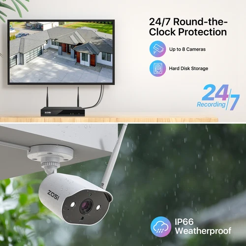 ZOSI 와이파이 보안 카메라 시스템, 야외 방수 CCTV 카메라, 무선 감시 시스템, 8CH 2K H265 + 와이파이 NVR 3MP 6