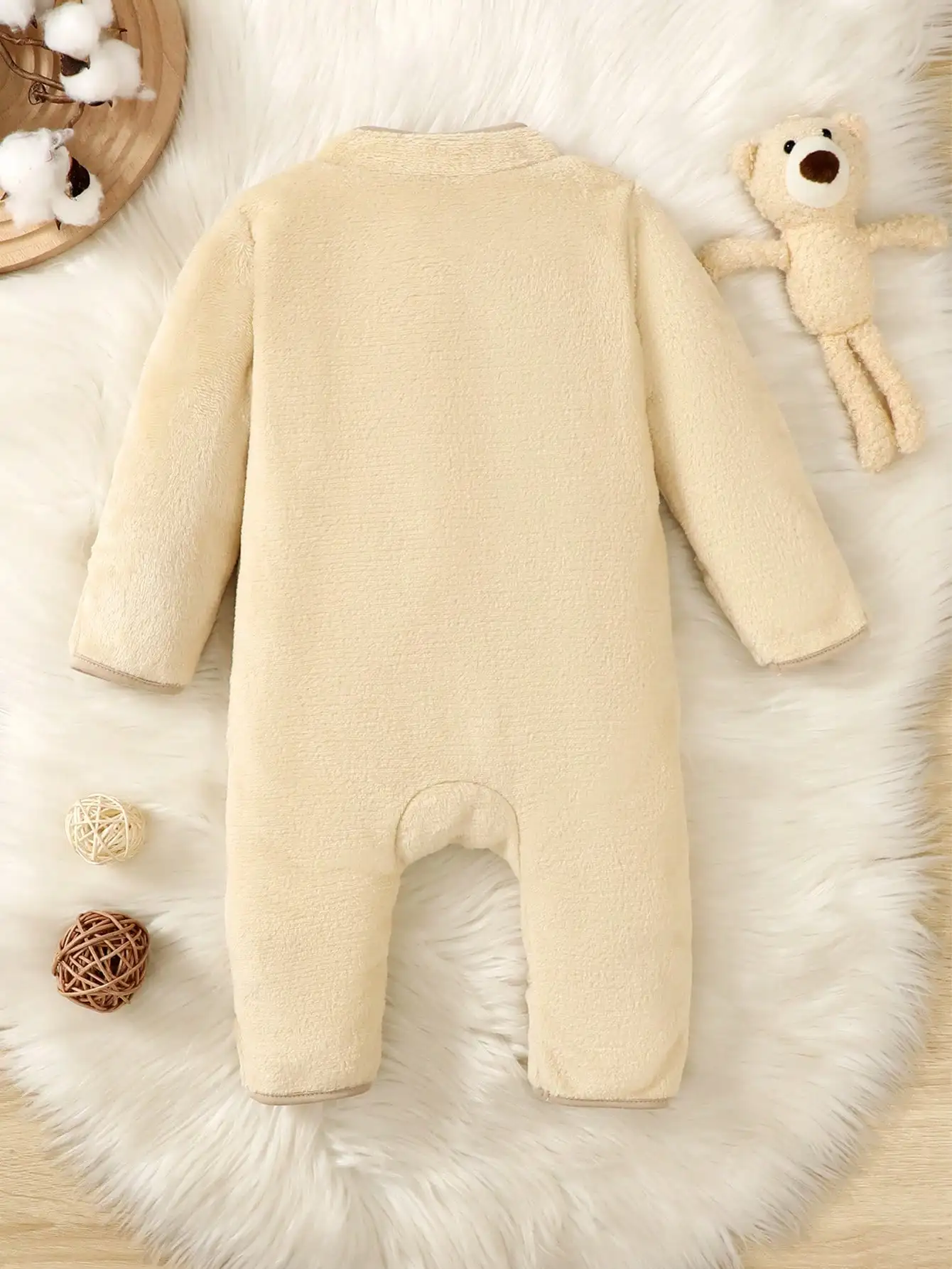 Autumn Apricot Baby Boy Cute Jumpsuit Solid Color Simple Long Sleeve Zipper Cardigan Cute Fluffy Bag Hand Wrapped Feet Onesie baby jumpsuit