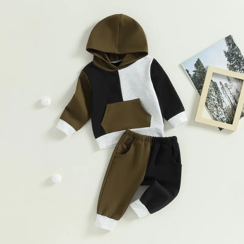 

Infant Baby Boy Pant Sets Autumn Clothes Contrast Color Long Sleeve Hood Sweatshirt Tops and Long Pants 2Pcs Outfit Baby Items