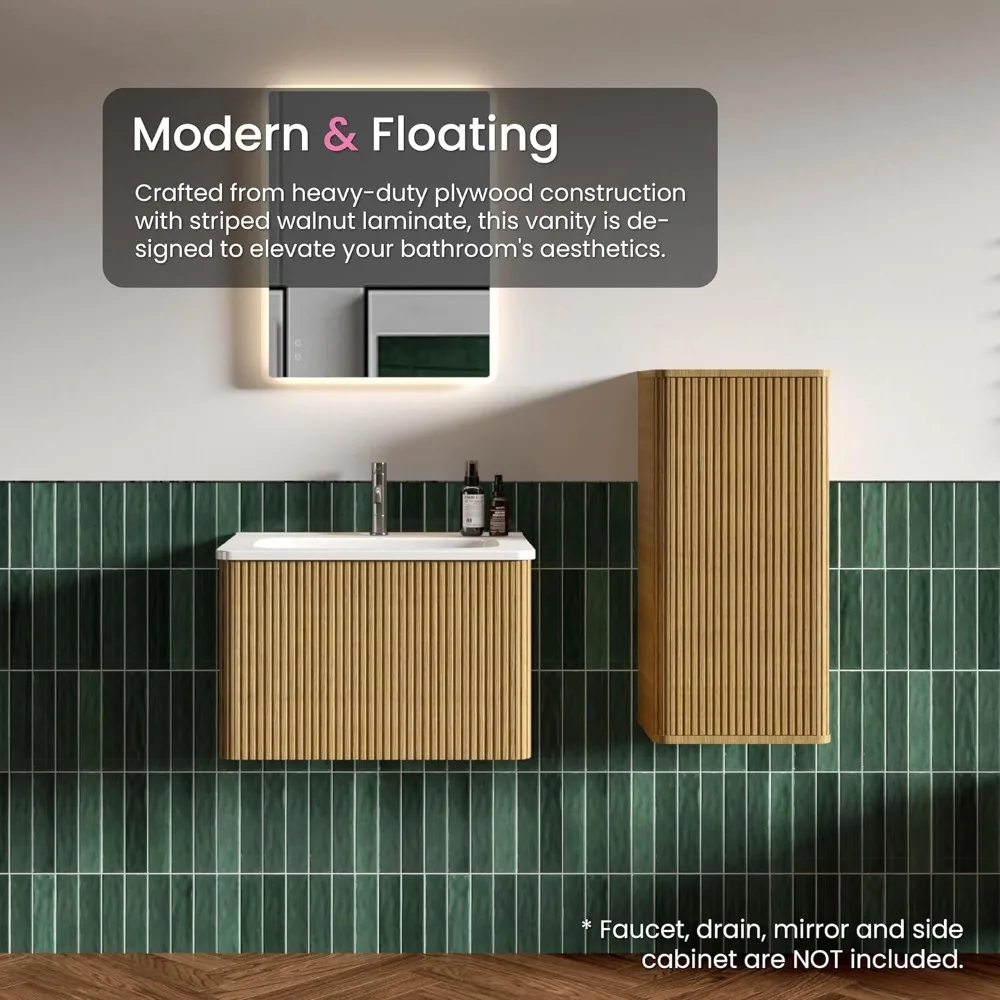 24" Bathroom Vanity with Sink,Modern Floating Vanity with Push Open Soft Close Drawer,Large Storage for Small Space,Natural Oak 4