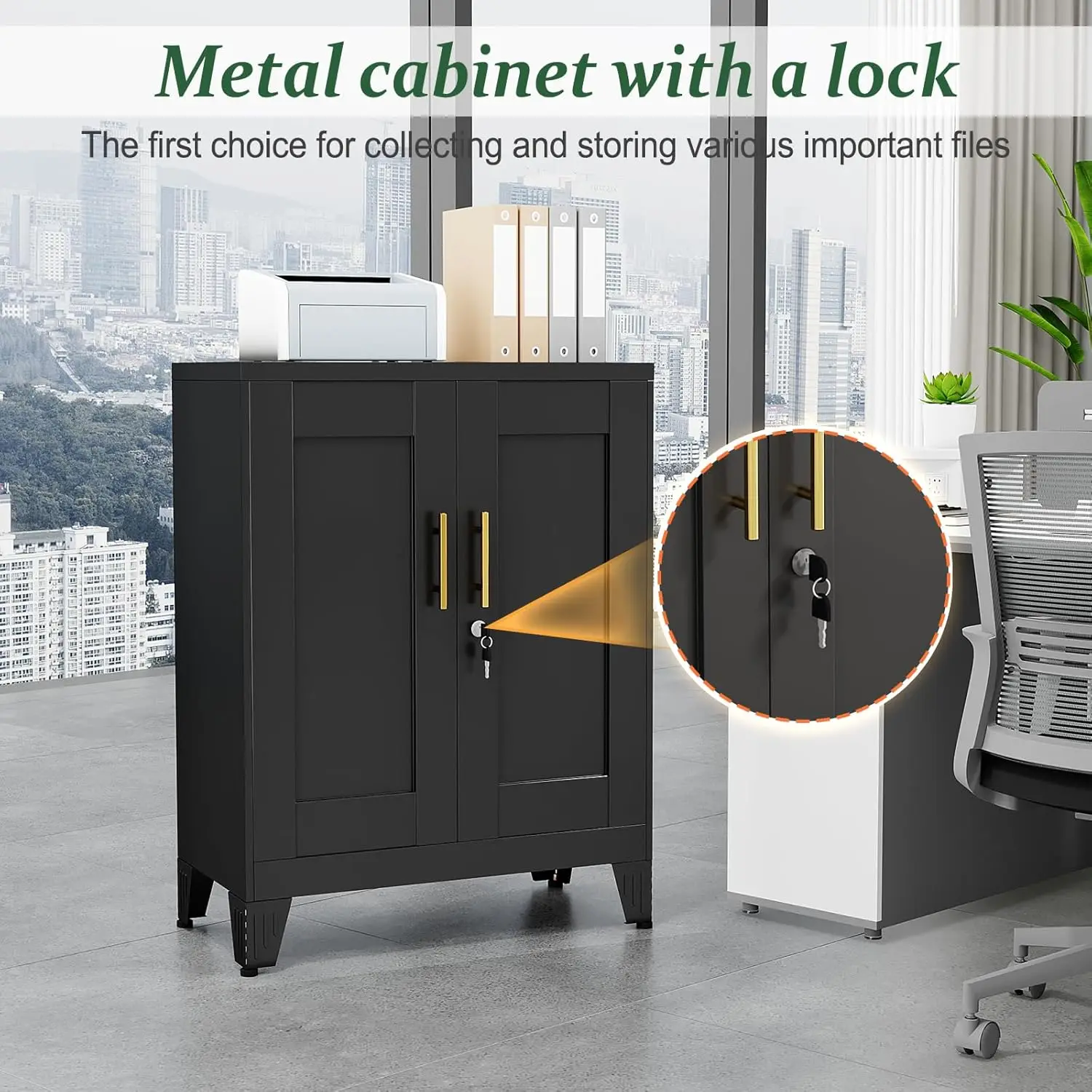 Black Metal Storage Cabinet, 36" Tall Locking Storage Cabinet with 2 Adjustable Shelves, Steel Locker Organizer