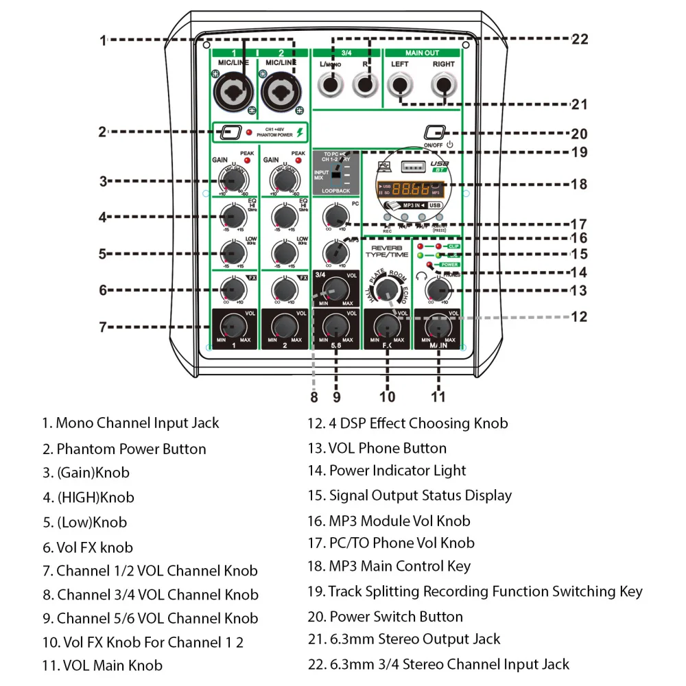 6 Way Audio Mixer 48V Phantom Power OTG Mixing Console USB MP3 Player with Record BT Sound Console Professional Audio Equipment