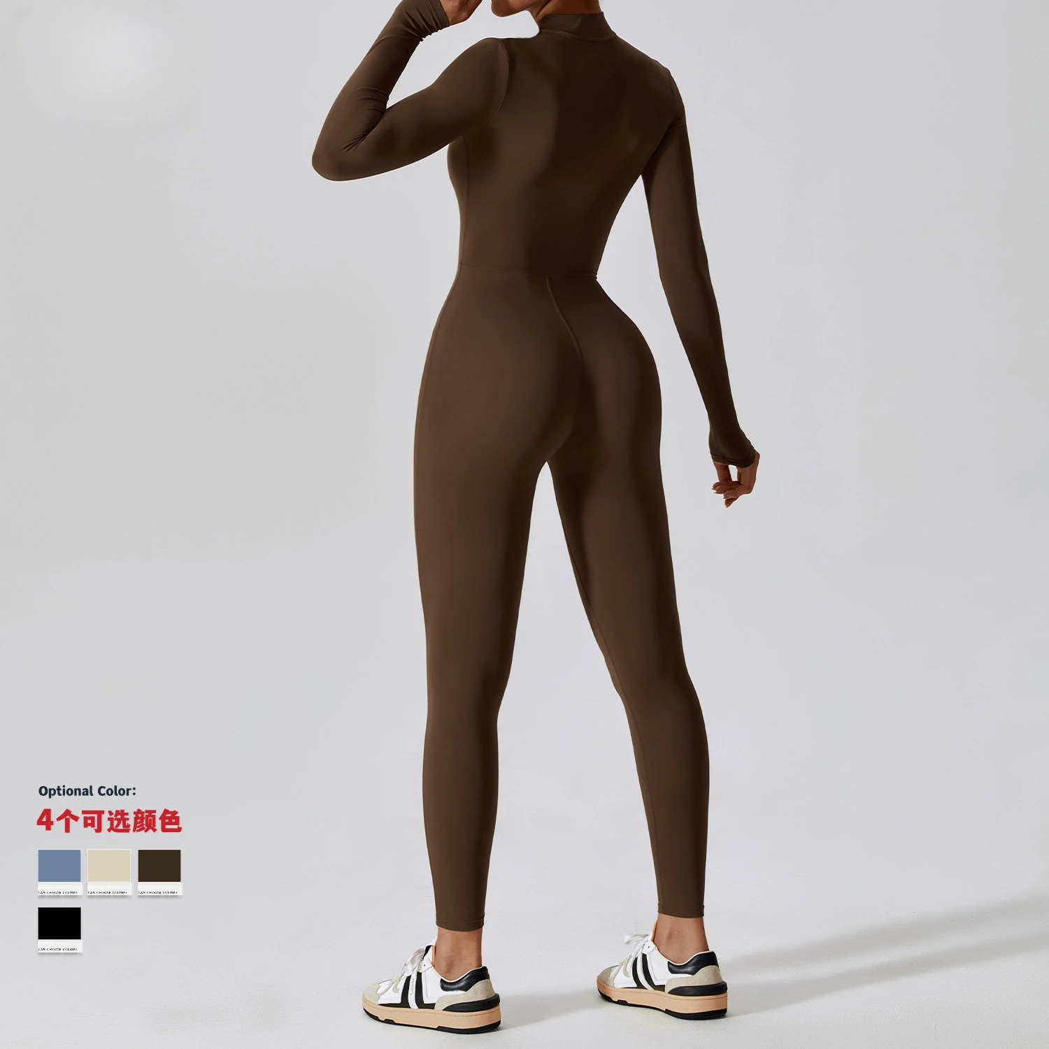 Fashionable solid color zippered jumpsuit with long sleeves for yoga, high-intensity fitness and sports jumpsuit