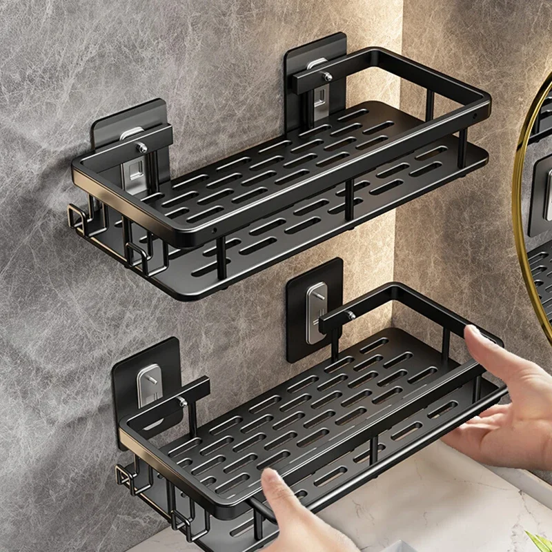 Wall-Mounted-2-Tier-Shelf-No-Drill-Bathroom-Shampoo-Holder-Floating ...