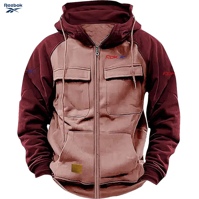 Reebok Men's Zippered Patched Warm Fleece Pullover for Autumn/Winter - Multiple Pockets - Stylish Hooded Jacket - Thick Outdoor
