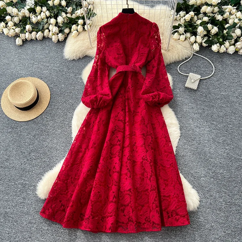Spring Autumn High End Elegant Birthday Party Women's Dress New French Hook Flower Single Breasted Slim Lace Long Dress S89