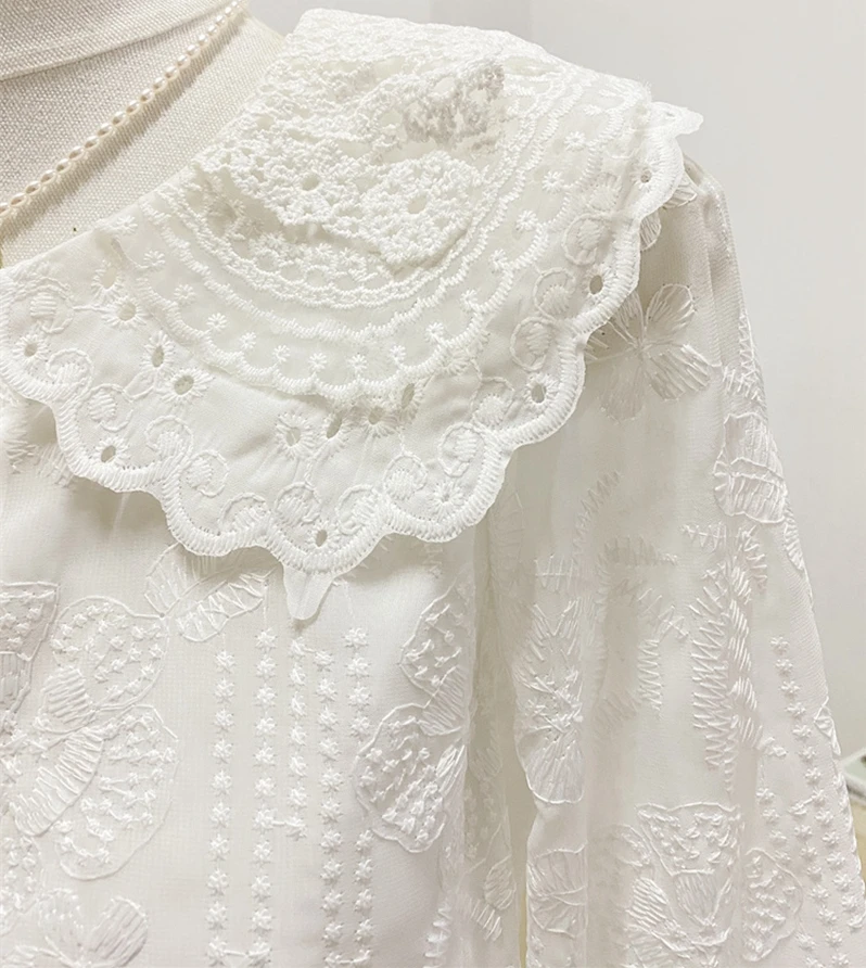 

Женская блузка с длинным рукавом, кружевная белая рубашка с воротником «Питер Пэн» и вышивкой, осень-весна