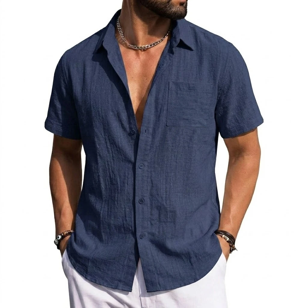 Short Sleeve Linen Shirts Premium Button-Down Beach Wedding Breathable 6