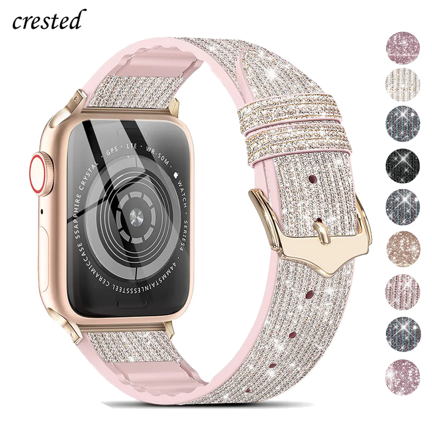

Ремешок из силикона и кожи для Apple Watch Band 44 мм 40 мм 45 мм 41 мм 38 мм 42 мм 44 мм, БРАСЛЕТ Bling Correa для iWatch Series 3 5 4 6 SE 7
