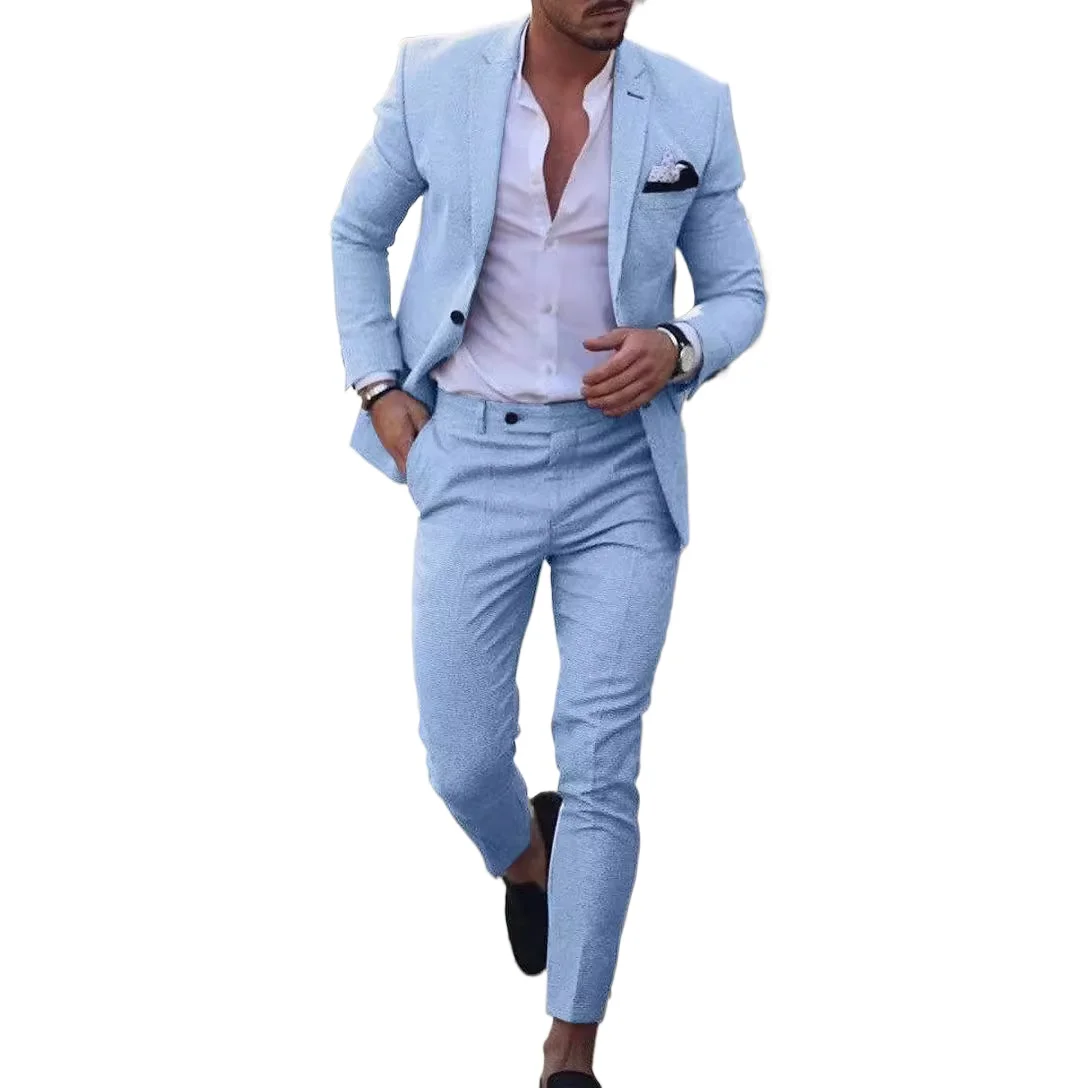 Mens 2-piece Pant Suits Spring Summer Single One Button Linen Solid Blazer Jacket Smart Casual Wedding Business Commuting Suit