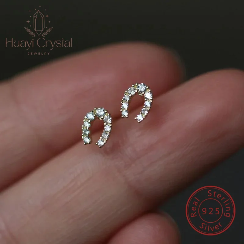 

S925 sterling silver plated 14K gold earring clip full zircon lucky horseshoe U South Korea daily earrings for women