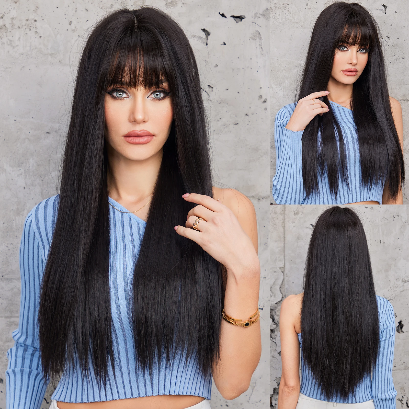 

Long Straight Daily Wig with Bangs Black Soft Party Synthetic Fake Hair for Women Silky Natural High Density Wigs Heat Resistant