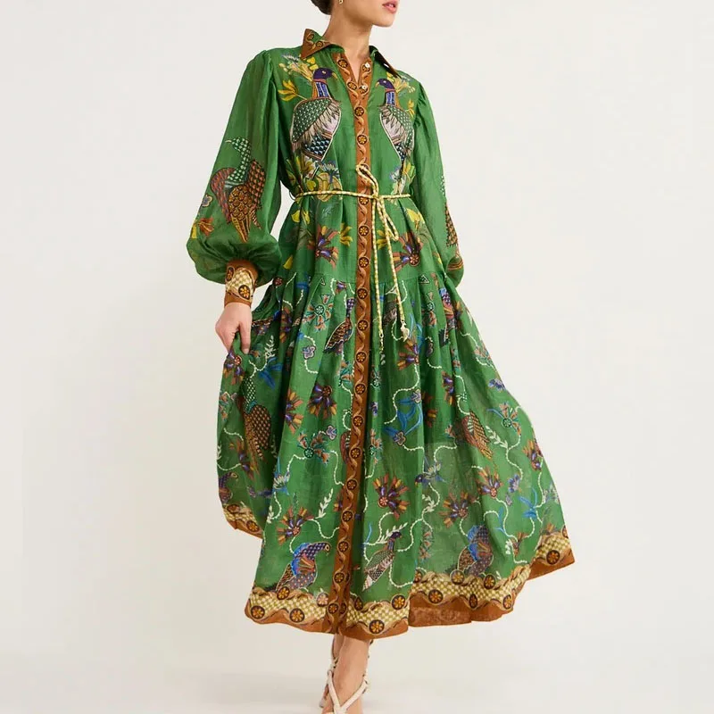 

Casual Loose Fashion Printing A-Line Party Dress Single Breasted Lace-up Slim Robe Elegant Lantern Sleeve Women Shirt Long Skirt