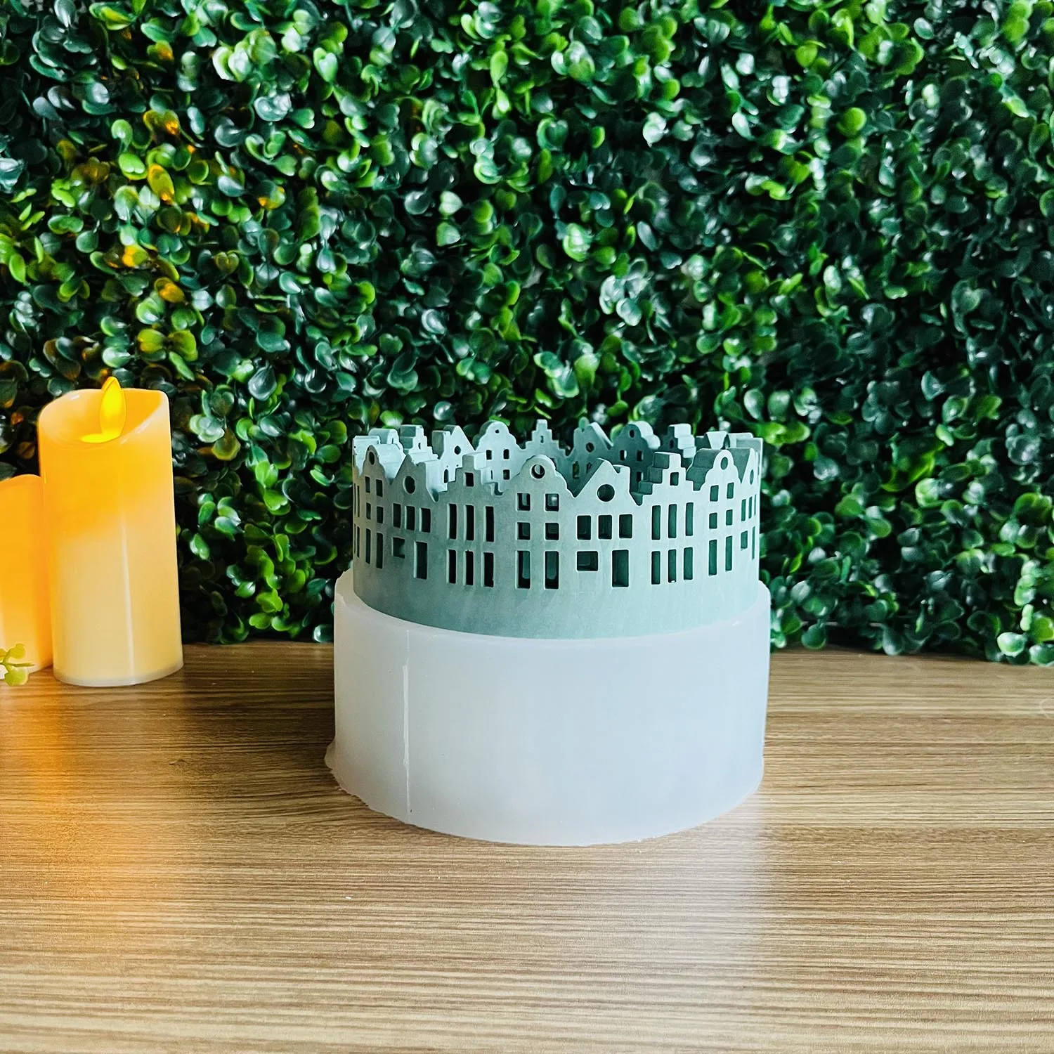 Description Picture 6 of itemRound Hollow House Silicone Candlestick Mold Scented Candle Cup Mold Hollow Building Succulent Flowerpot Cement Mold