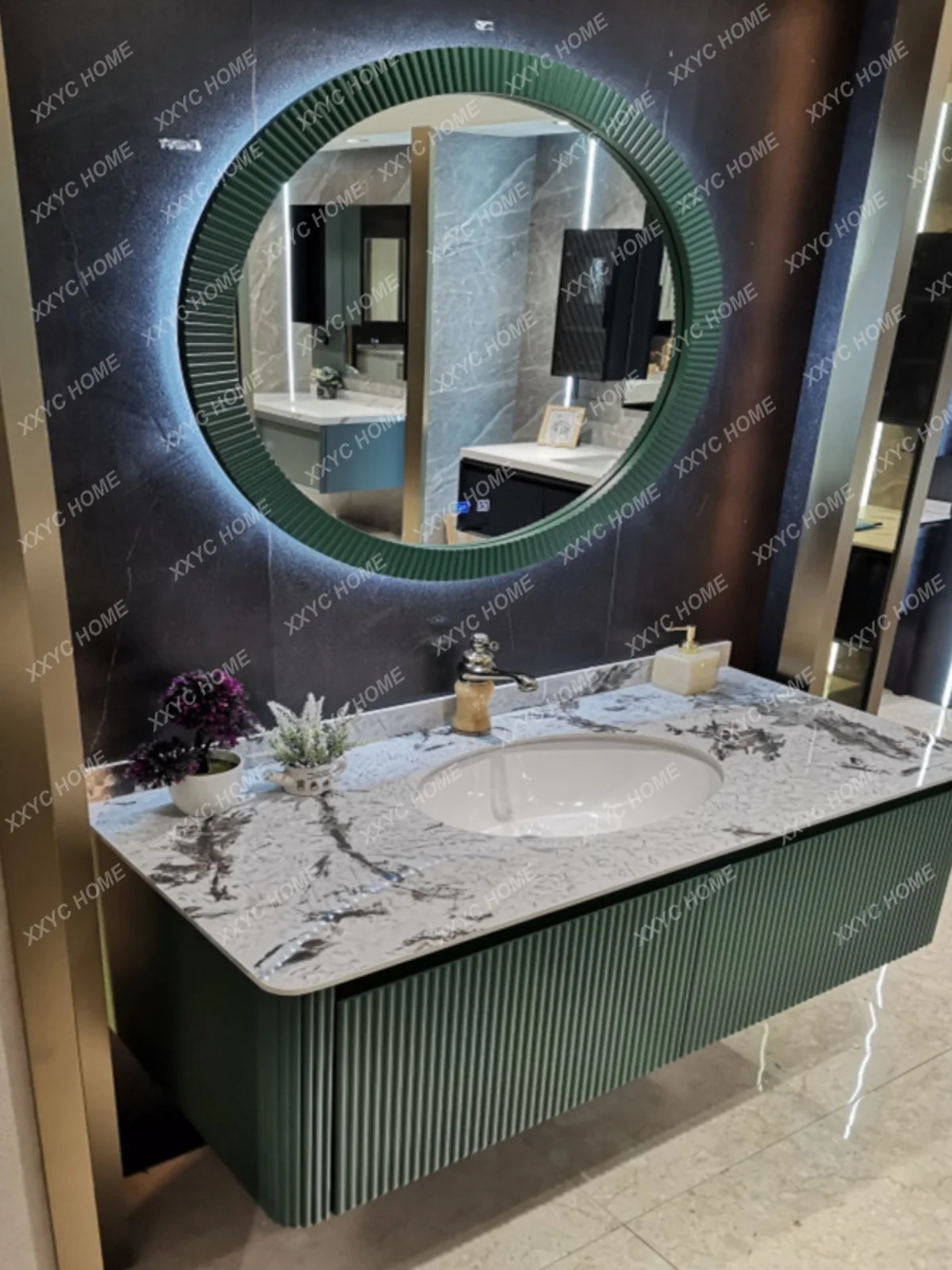 

Stone Plate Bathroom Cabinet Combination Oak Affordable Luxury Style Simple Smart Washbasin Dark Green