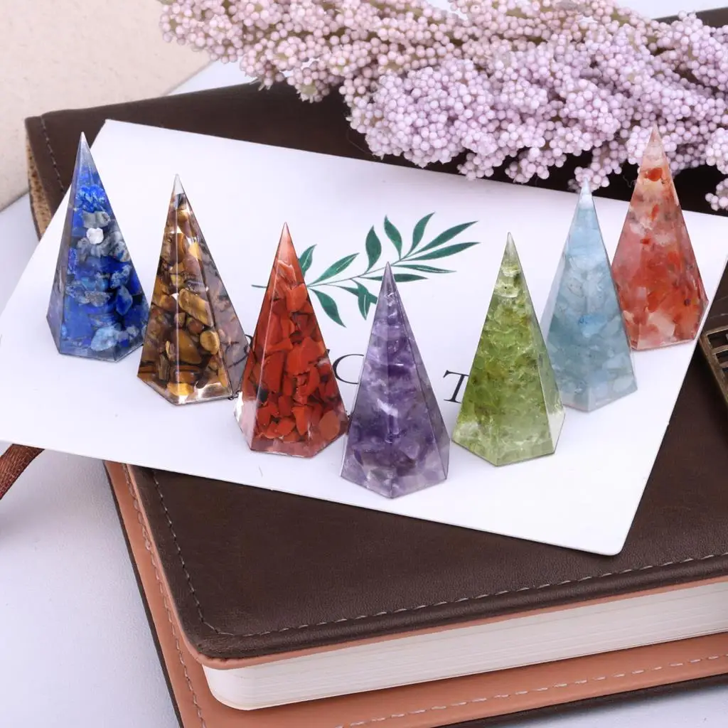 7Pcs/Set 7 Chakra Reiki Healing Tumbled Stone Hexagonal Resin Pyramids Generator For Chakra Blanacing Yoga Meditaion