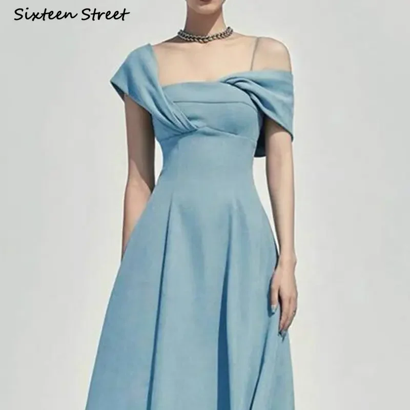 

Blue Strapped Dress Women Square Collar Elegant Long Party Vestido Ladies Sleeveless Asymmetric Womens Clothing Spring