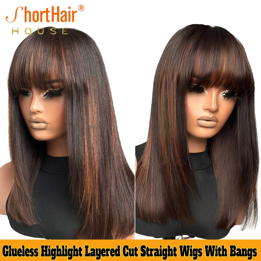 Caramel Brown Human Hair Wigs With Bangs Brazilian Pixie Cut Human Hair Wig Brown 13x4 Lace Front Straight Bob Wigs