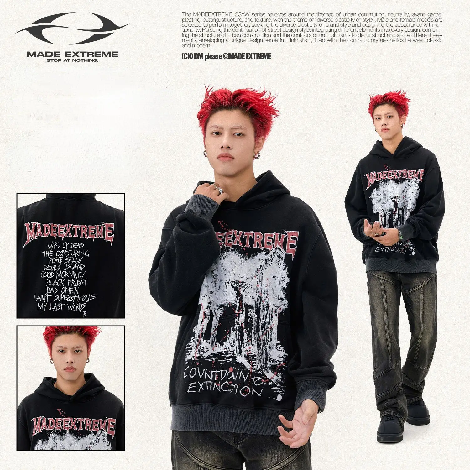 

MADEEXTREME 2023 Autumn and Winter Hip Hop Graphic Hoodies Clean Fit Streetwear Vintahe Hoodie