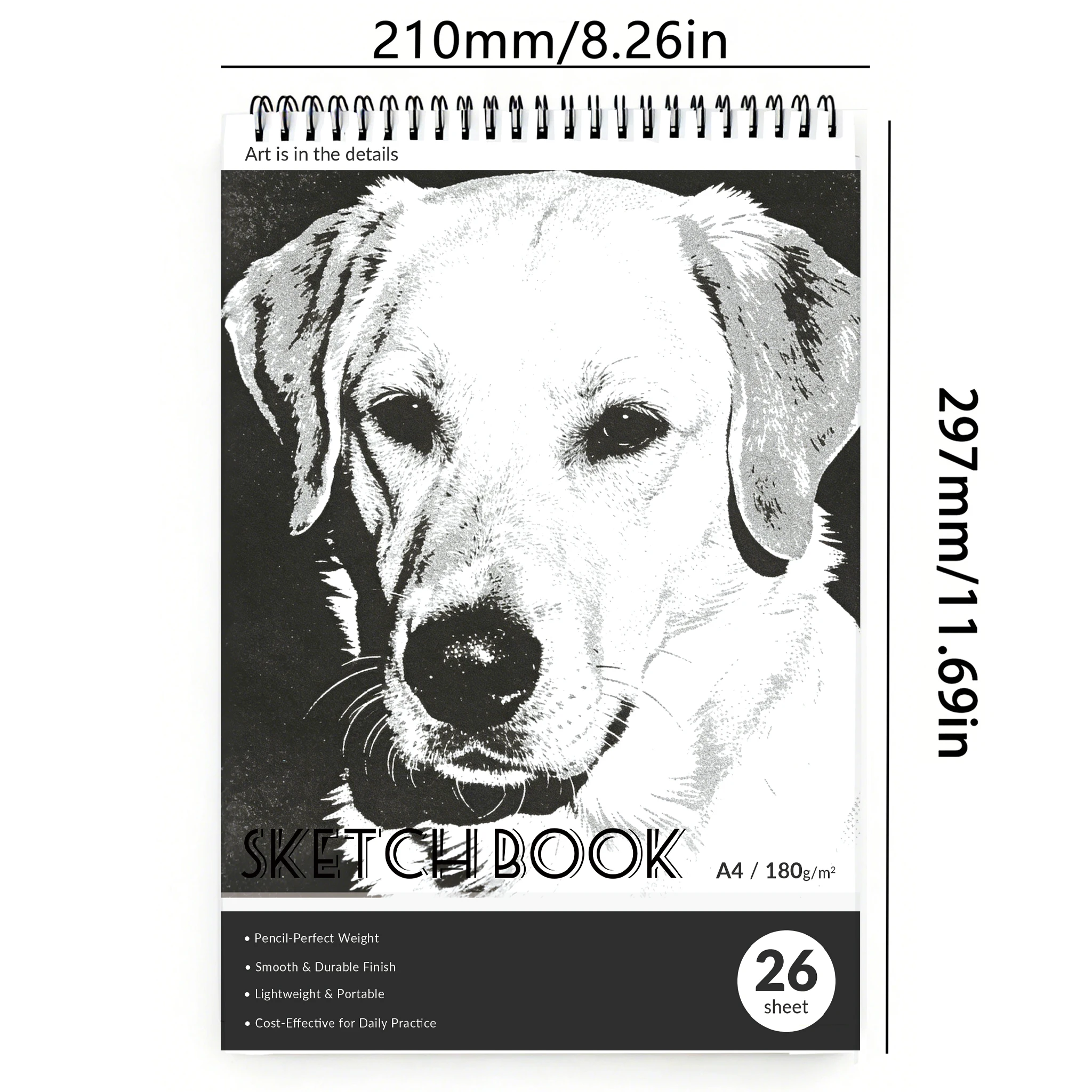A4/A5 스파이럴 스케치북 180gsm, 26매, 래브라도 강아지 표지, 휴대용 아트 패드 (스케치, 낙서, 개학 및 선물용)